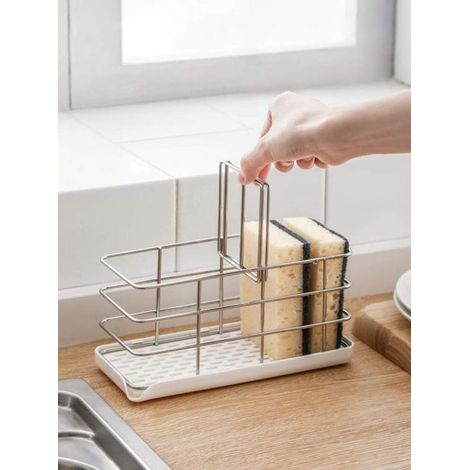 Porta spugna in acciaio inox 304, organizer multifunzionale per lavello da cucina, scolapiatti, portasapone, asse da appendere regolabile (1/4)