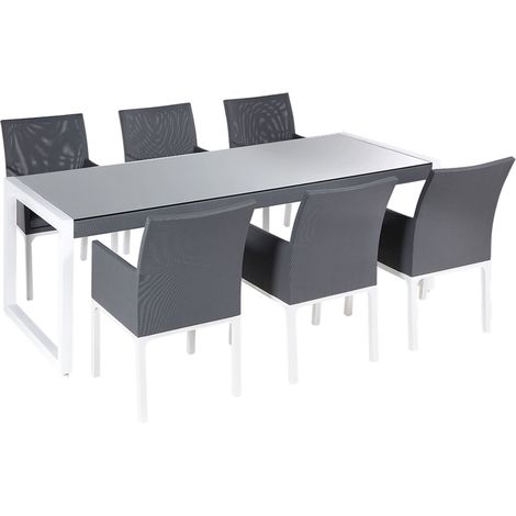 Salon de Jardin composé d'une Table 210 x 90 cm et de 6 Chaises en Aluminium Blanc, Textile et Verre Gris au Design Moderne Beliani