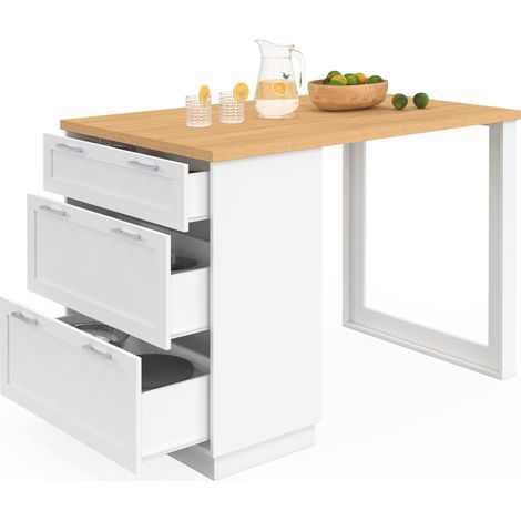 Ilot central mange-debout 4 personnes VITO 130 cm casserolier 3 tiroirs blanc et plateau bois