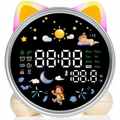 Pädagogischer LED-Touchscreen-Wecker für Kinder mit 5 Farben, Musik, Dual-Alarm, Temperaturanzeige und Schlummerfunktion – Katzenmotiv (1/5)