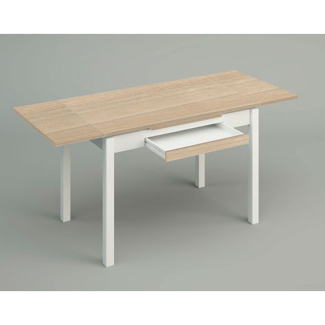 Table de Cuisine Extensible avec Plateau laminé, avec 2 Ailes et tiroir - Structure en métal Blanc - Couleur : chêne Clair - Table fermée : 100 cm x 60 cm - Table étendue : 150 x 60 cm (1/3)