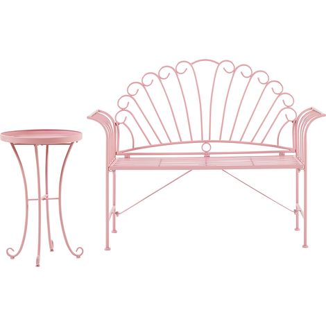 Conjunto para exterior de mesa auxiliar y banco con apoyabrazos acampanados 2 plazas de metal rosa estilo vintage Cavinia (1/5)