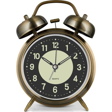 Réveil fort pour adultes dormeurs lourds, en métal de , double cloche à piles pour décoration de chambre, silencieux, sans tic-tac (bronze) (1/5)