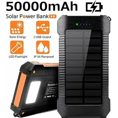 Batterie solaire portable Kaide® 50 000 mAh - Orange - 2 ports USB - Lampe LED étanche (1/4)
