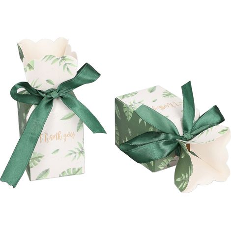 50 Ensembles Boîte Cadeau Écologique avec Motif Feuille et Ruban MERCI pour Mariage, Anniversaire, Fêtes (1/5)