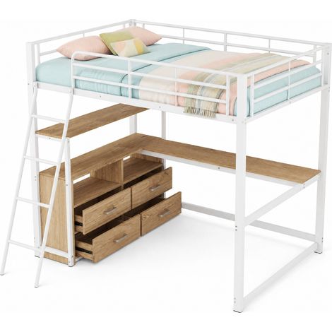 Lit mezzanine 140x200 avec bureau en L et 4 tiroirs, structure métal et MDF, blanc, sans matelas, gain de place pour chambre ado ou bureau - CHICFURN (1/5)