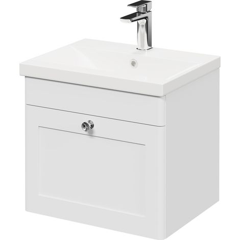 Wholesale Domestic Danbury Satin White 500mm Wall Mounted Vanity Unit with 1 Tap Hole Modern Basin and Single Drawer with Polished Chrome Handle (1/5)