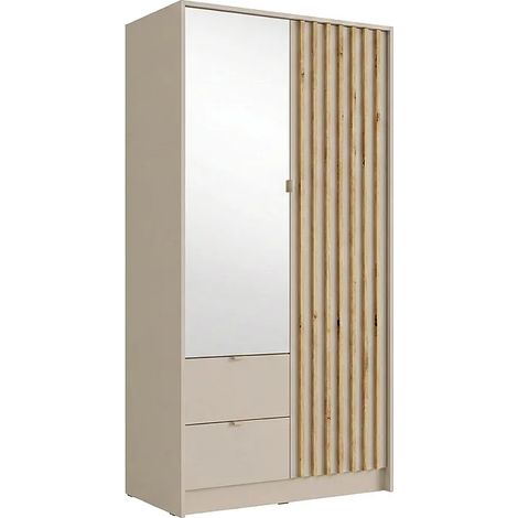 Armoire 2 portes et 2 tiroirs – Avec miroir – L102 cm – Coloris : Naturel et beige – NEROVAL (1/5)