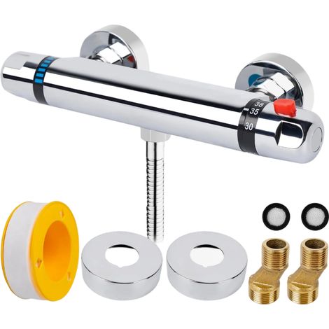 Mitigeur thermostatique de douche chromé – Bouton sécurisé à 38°C – Laiton massif résistant à la corrosion – Entraxe 150mm – Détection de température précise (1/5)