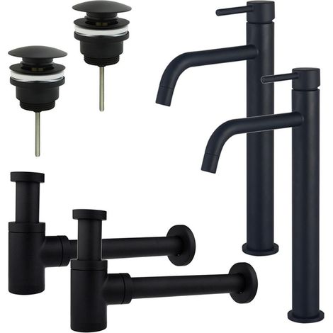 FugaFlow Eccelente Sobrado Slim Kit robinet lavabo - pour double vasque - robinet rehaussé - bonde clic clac - siphon design bas - Noir mat (1/4)