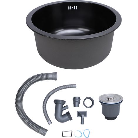 Évier de cuisine rond en acier inoxydable 304, design moderne noir nano, diamètre 42cm, installation sous plan, unique cuve pour bar et lavage (1/5)