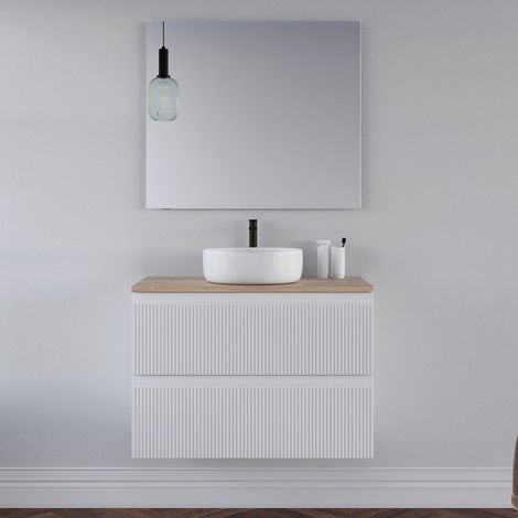 Meuble de salle de bain 80cm avec plateau cambrian et vasque à poser ronde - 2 tiroirs - blanc - RIBERA (1/5)