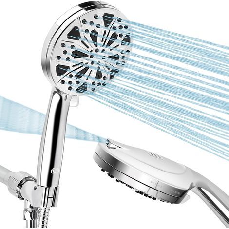 Extended support arm, three-way diverter, handheld water spray gun + stainless steel double overhead shower set (1/5)