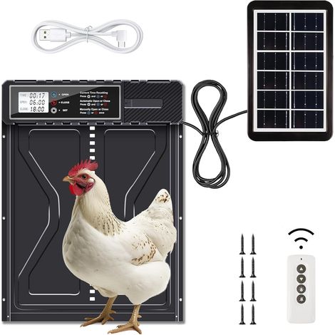 Porte de poulailler Automatique Solaire avec télécommande et minuteur LCD - Ouverture/Fermeture Automatique sans Batterie, Porte en Aluminium résistante aux intempéries, Installation Facile (1/5)