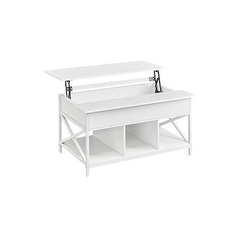Vasagle – Table basse relevable avec rangement ouvert et compartiment caché – Acier et aggloméré – 60 x 100 x (48-62) cm – Blanc neige (1/5)