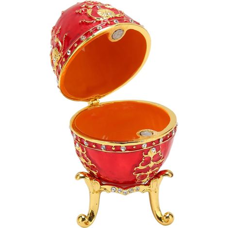 Boîte à Bijoux Style œuf de Fabergé Peinte à la Main, Porte-bague à Bijoux à Charnière avec Base de Trépied Dorée Amovible pour le Rangement de la Décoration Intérieure, Cadeau (rouge) (1/5)