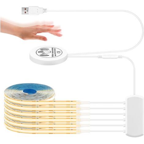 Ruban LED COB 1M, 6 Pièces COB Bande LED Blanc Chaud en Parallèle, avec Variateur Tactile et à Balayage Manuel, Découpable Éclairage pour Armoire, Vitrine, Panneaux Acoustiques, 5V