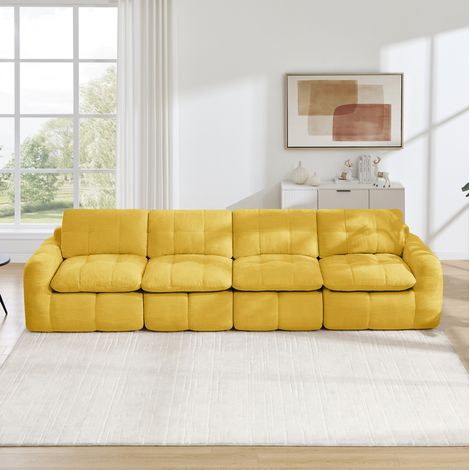 Divano modulare 4 posti 334x97x68 cm, senza telaio, seduta ampia e profonda, chenille gialla (1/5)