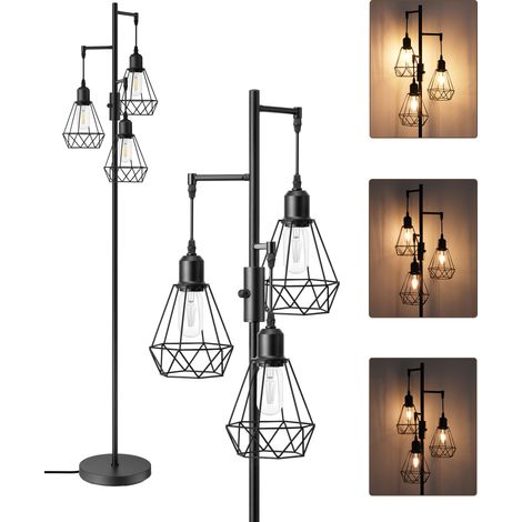 EDISHINE Dimmbar Stehlampe Wohnzimmer 163cm, Industrial Stehleuchte Schwarz mit LED E27 Leuchtmittel, 3 Käfig Lampenschirm aus Metall, Vintage Standleucht (1/5)