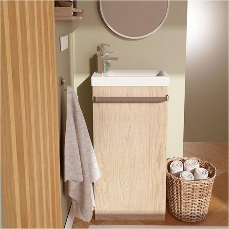 Mob-In – Meuble double vasque sur pieds JOHANN en MDF décor chêne – Porte réversible – Espace de rangement avec étagères – Dimensions 41x88x22 cm