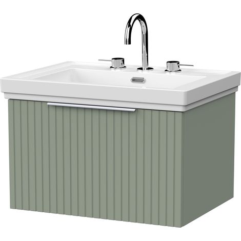 Callingwood Contemporary Wall Hung 1 Drawer Vanity Unit with Traditional 3 Tap Hole Fireclay Basin , 600mm, Reed Green
