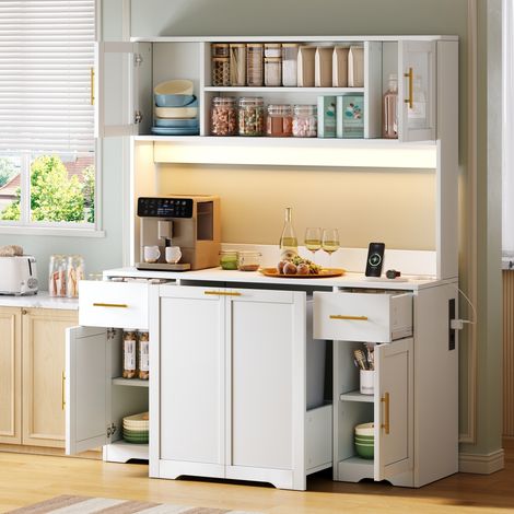 Credenza da Cucina con 2 Cassetti, Ripiani Regolabili, Pattumiera Estraibile, LED e Prese, MDF Bianco, 140 × 40 × 173 cm (1/5)