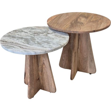 Lot 2 de tables basses rondes plateaux acacia et marbre pieds centraux en acacia - OASIS