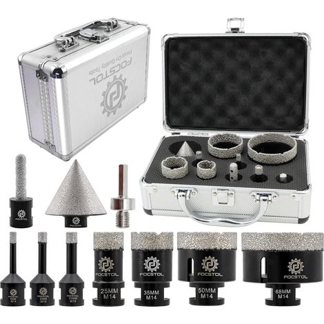 Foret Diamant Carrelage Kit - 10 pièces (6/8/10/25/35/50/68mm+10mm Fraise+50mm Mèches Chanfrein Biseautées+Adaptateur Hexagonal) Scie Cloche Diamantée pour Porcelaine Carrelage Marbre Granit (1/5)
