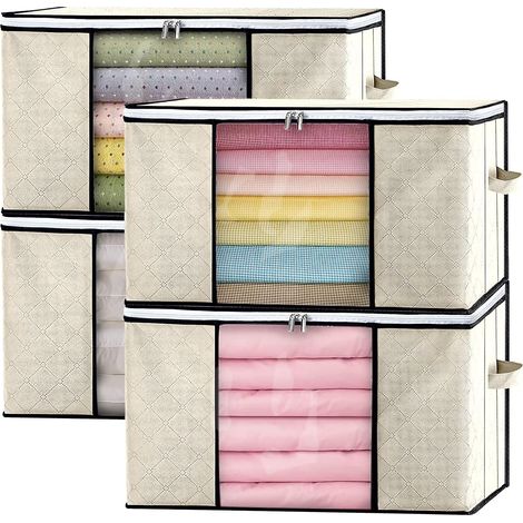 Grands Sacs de Rangement pour Vêtements Lot de 4, Boîtes de Rangement avec Couvercles, Poignée Renforcée pour Déménagement, Coffre à Linge, Armoire (1/3)
