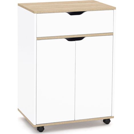 Idmarket – Desserte de cuisine avec tiroir bois blanc et plateaux façon hêtre – Longueur 60 cm – 4 roulettes directionnelles – Étagère ajustable