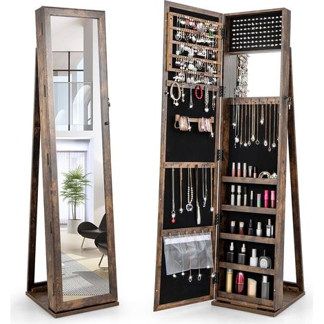 COSTWAY Specchio Portagioie da Terra, Armadietto Portagioie con Specchio a Figura Intera e Specchio Interno, con Serratura, per Collane Orecchini Anelli Cosmetici, 38 x 38 x 157,5 cm (Marrone) (1/5)