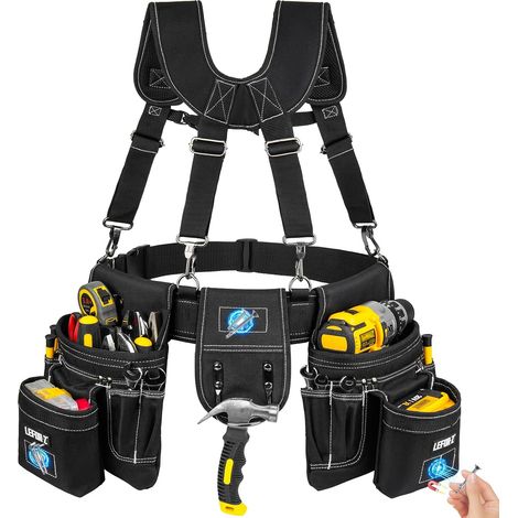 Belt Tools with Straps, Tool Belt for Men with 27 Pockets, Removable and Adjustable Heavy Duty Magnetic Tool Bag, for Electricians, Carpenters, Construction Workers, Black