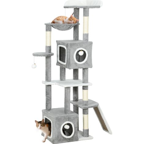 Arbre à chat - tour de jeux pour chats - PawHut - griffoir et poteaux en sisal,  2 niches, plateformes - hauteur 165 cm - gris