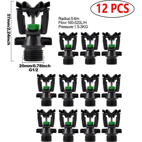 Lot de 12 arroseurs de pelouse rotatifs à 360 degrés en ABS avec buses de 1/2 pouce pour l'arrosage du jardin et de la pelouse. (1/5)