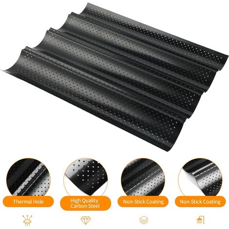 JSSEVN-Bandeja antiadherente para horno para 4 baguettes, bandejas de acero al carbono para pan, bandeja para baguettes de 38 x 32,5 cm, bandeja para horno para baguettes (1/3)