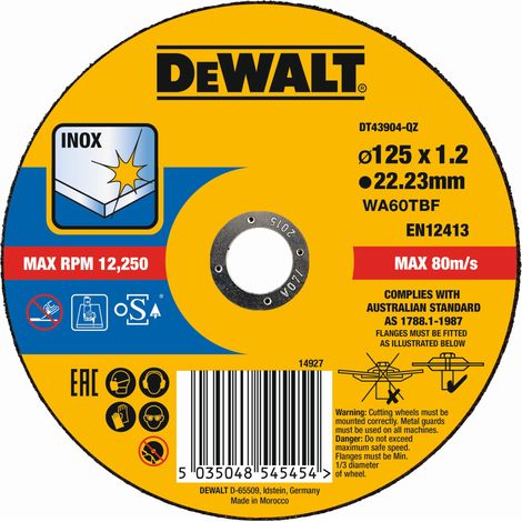 Disco de corte plano INOX con grano profesional de óxido de aluminio, Long Life, 125 x 1.6 x 22.23 mm  DeWalt DT43904-QZ