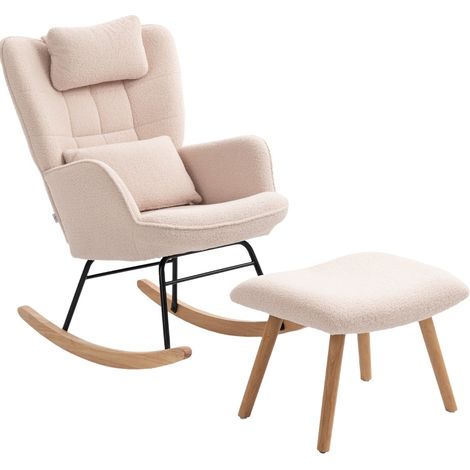Fauteuil à bascule avec repose-pieds, dossier haut, coussin tête et lombaire, revêtement tissu doux beige, pieds en bois, style wingback capitonné  CHICFURN (1/5)