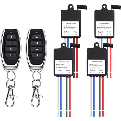 Interrupteur sans fil 433 MHz 1CH 5 V 6 V 12 V 24 V avec télécommande, 5-60 V CC 10 A Mini relais sans fil 328 FT pour ventilateur, moteur, éclairage (4 relais) (1/5)