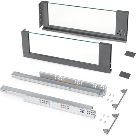 Emuca Außenschublade Vertex 40Kg mit Glas-Einschubelement 178mm hoch, 500mm tief, Stahl und Aluminium und Glas, Anthrazitgrau