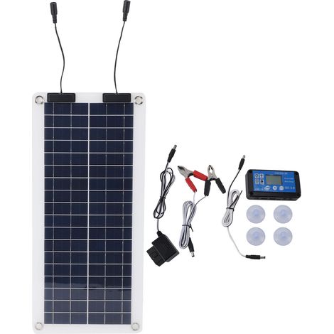 Kit de panneau solaire à double sortie 30 W, chargeur OBD, contrôleur bleu MPPT étanche avec clip de batterie rouge et noir pour camping-car, voiture, bateau
