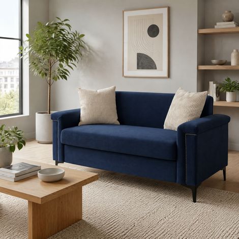 Divano 2 posti nordico blu in tessuto effetto lino, piedini neri, 172 cm - OKWISH (1/5)