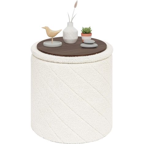 Pouf de Rangement Pliable Rond, Tabouret, Amovible Couvercle, Table Basse et Repose-Pieds pour Salon, Chambre, Ø 43 x 45 cm, Blanc (1/5)