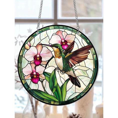 Attrape-soleil colibri orchidée 20 cm, décoration vitrail