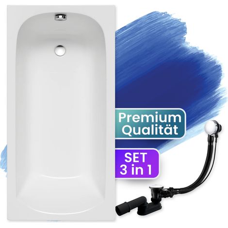 Badewanne Rechteck 130x70, Ablaufgarnitur & Füßen GRATIS - Komplettset 3in1 Original Acryl Wanne Premium Siphon - Made in EU - BADLAND CLASSIC (1/5)