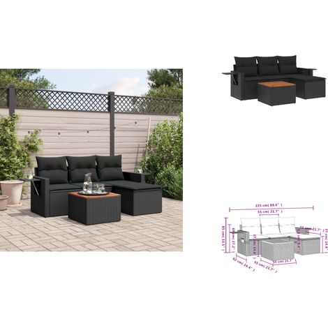 The Living Store Salon de jardin 5 pcs avec coussins noir résine tressée - Canapé de jardin (1/3)