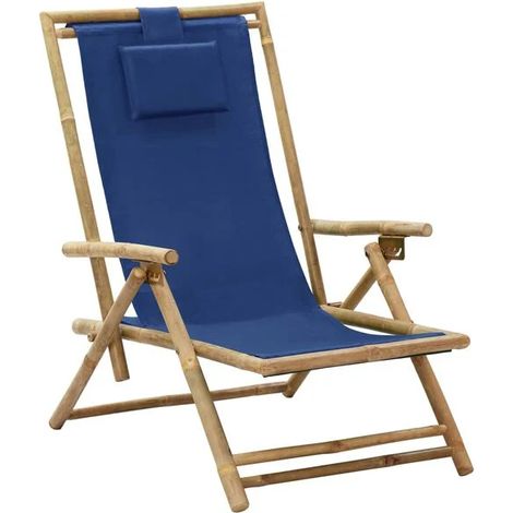 Chaise Longue Pliante en Bambou avec Tissu Bleu (1/5)