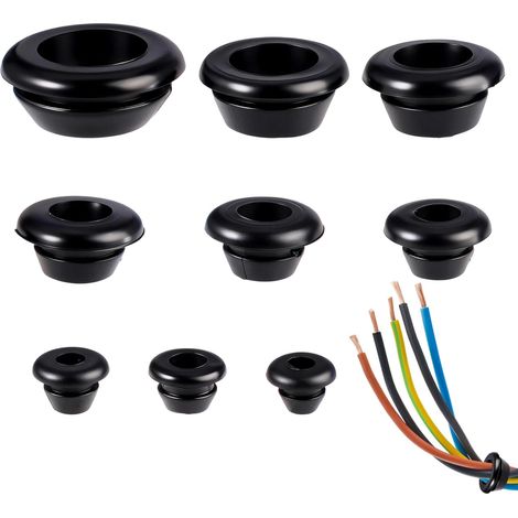 90 Pièces Passe Fil Caoutchouc Assortiment, Noir, (3/4/5/6/7/8/10/12/14 MM) Passe Cable Etanche Caoutchouc, Rubber Grommet pour Protéger Fils et Câbles, Prise Bateau Voiture (1/5)