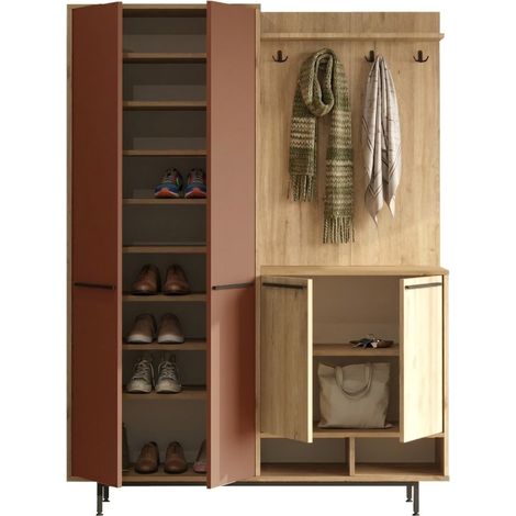 Mueble de Entrada Tignale, Perchero, 12 Estantes, Puerta Abatible, 147x36x196h cm Marrón Terracota