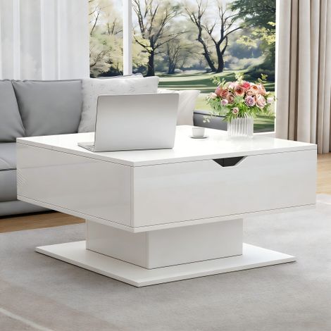 Tavolino da salotto rialzabile bianco 80x75 cm, piano sollevabile con vano nascosto, nicchia aperta e illuminazione LED (1/5)