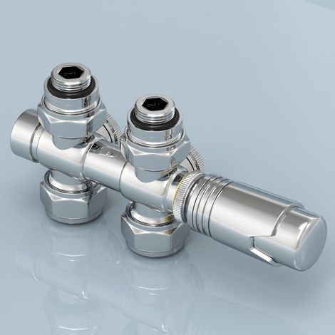 EMKE 2-in-1 Multiblock Chrom Universal Heizkörperventil Thermotstat Eck & Durchgang 50mm für 15mm Kupfer & 16mm Pex